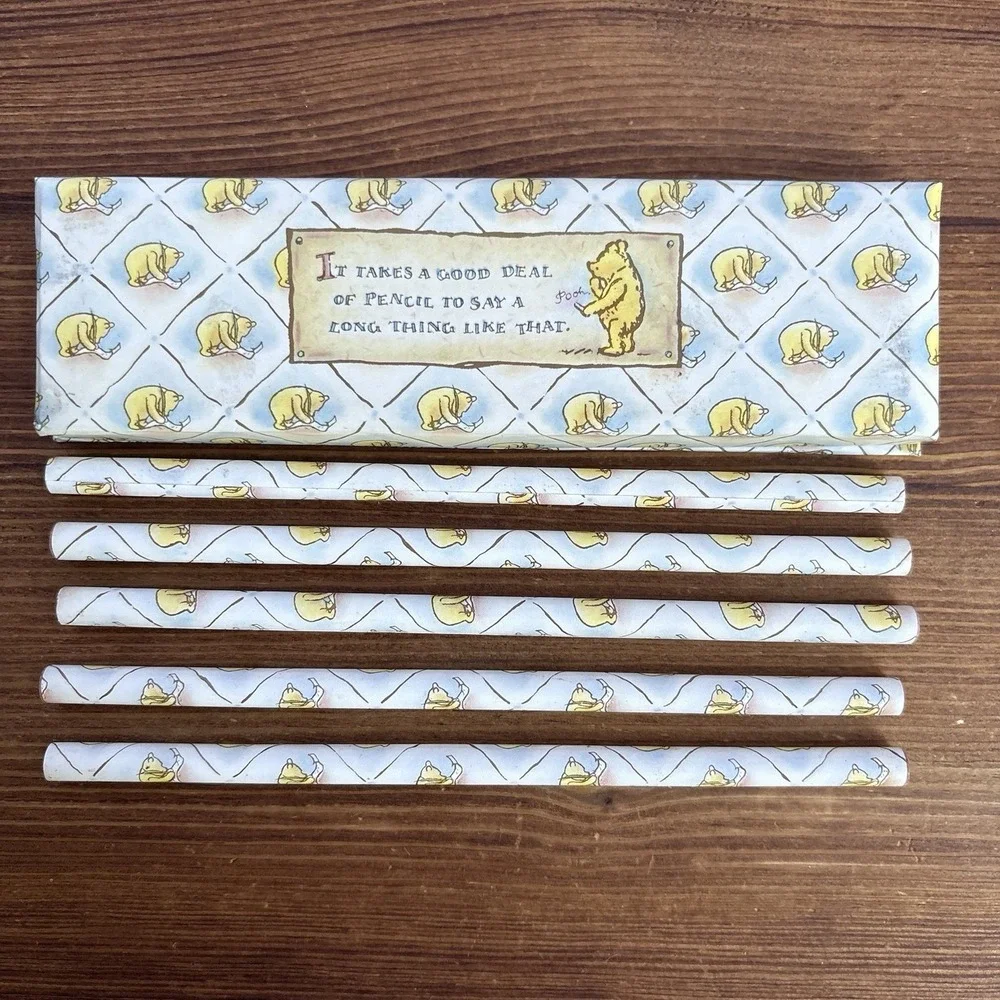 Vintage Winnie The Pooh Pencil Set Of 5 w/ Storage Box Disney Stationery Gift
